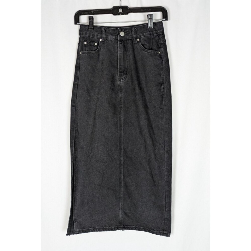 Shein Skirt XS 2 Women's Black High Waisted Side Split Midi Denim Modest Casual